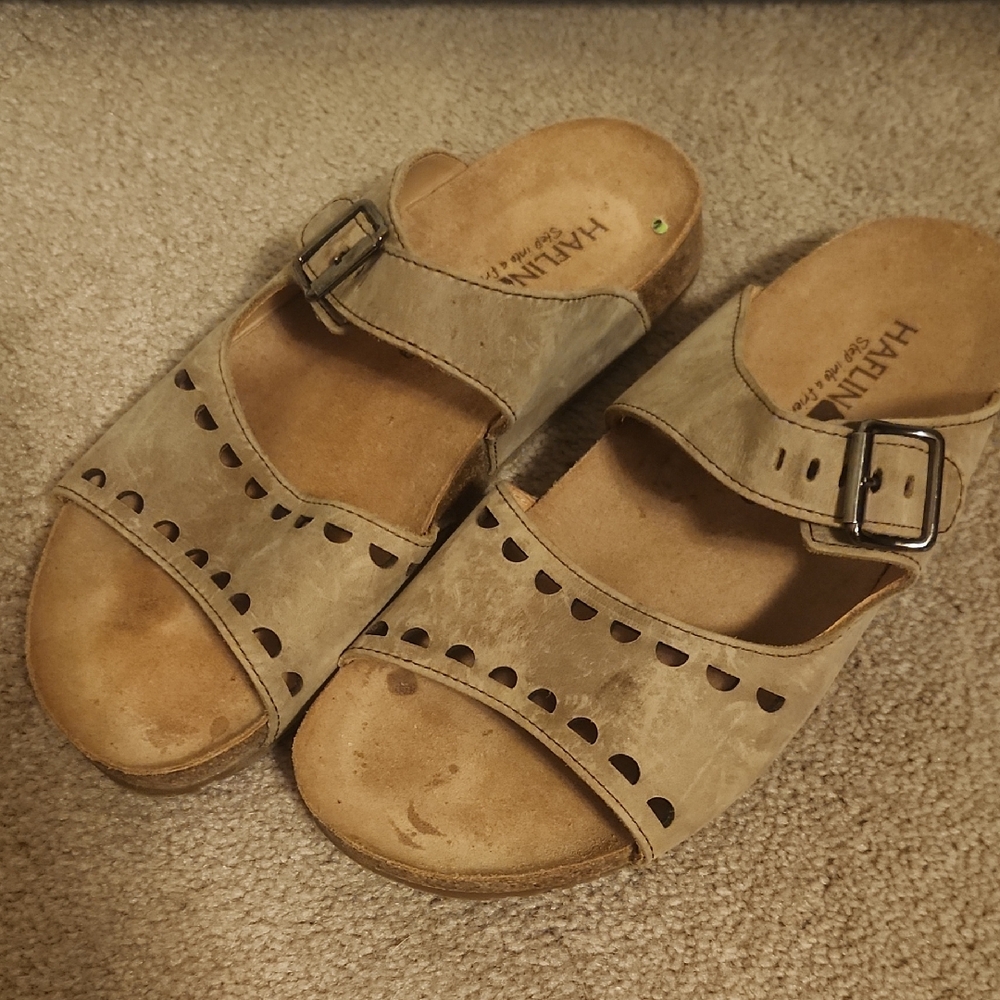 Haflinger Beige/Taupe Leather Buckle Clog Sandals